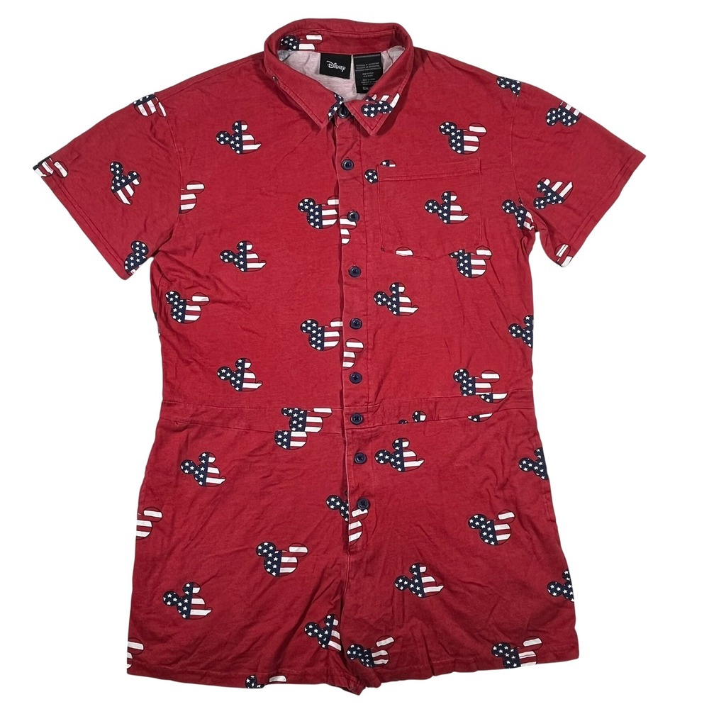 Disney Romper Mens‎ Small Red Mickey Mouse USA Americana Short Sleeve Jumpsuit